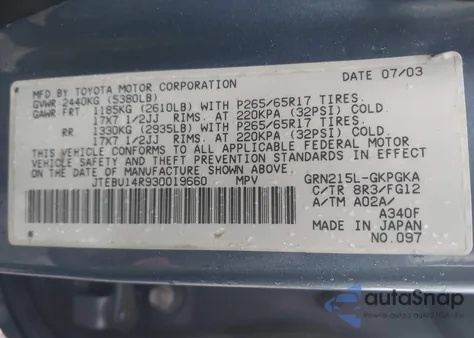 2003 Toyota 4Runner Sr5 V6 из США, поврежденный, VIN JTEBU14R930019660